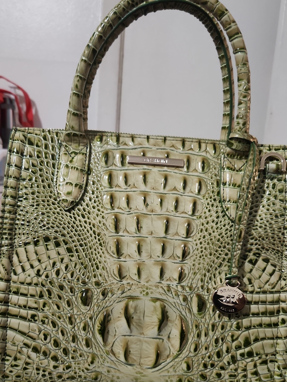 Brahmin Light Green Croc-Embossed Satchel